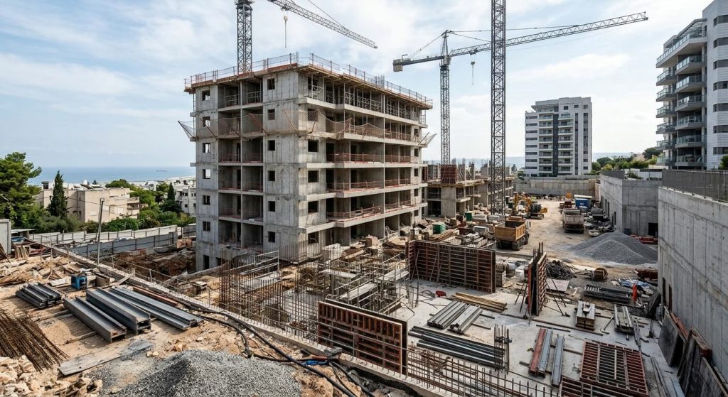 צילום אווירי רחב של אתר בנייה פעיל ובו שלד של בניין מגורים בבנייה, מנופים וחומרי בניין מסביב, המשמש להמחשת סיכונים והיבטים משפטיים סביב רכישת דירה מקבלן ללא היתר בניה.