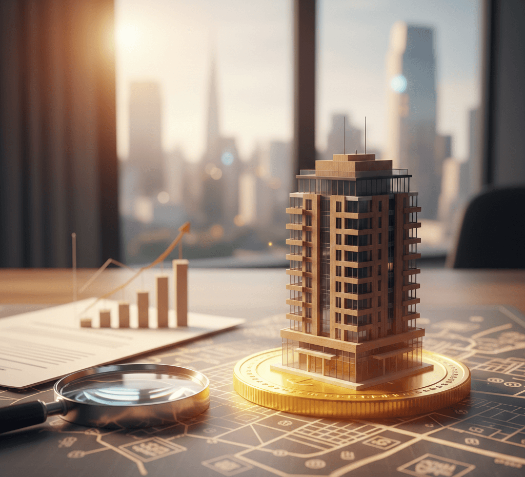 תמונת נושא של המאמר על ההבדל בין מס שבח להיטל השבחה המציגה דגם מוקטן של בניין מגורים מודרני המוצב על מטבע זהב גדול במרכזו של שולחן עבודה. על השולחן פרוסה תוכנית אדריכלית ועליה מונחים זכוכית מגדלת, דפי מסמכים וגרף עמודות המראה מגמת עלייה. ברקע נראה חלון גדול המשקיף אל קו רקיע של עיר מודרנית עם גורדי שחקים תחת אור יום בהיר. התמונה מסמלת השקעות נדלן, תכנון פיננסי ואת הקשר בין הון לבנייה עירונית.