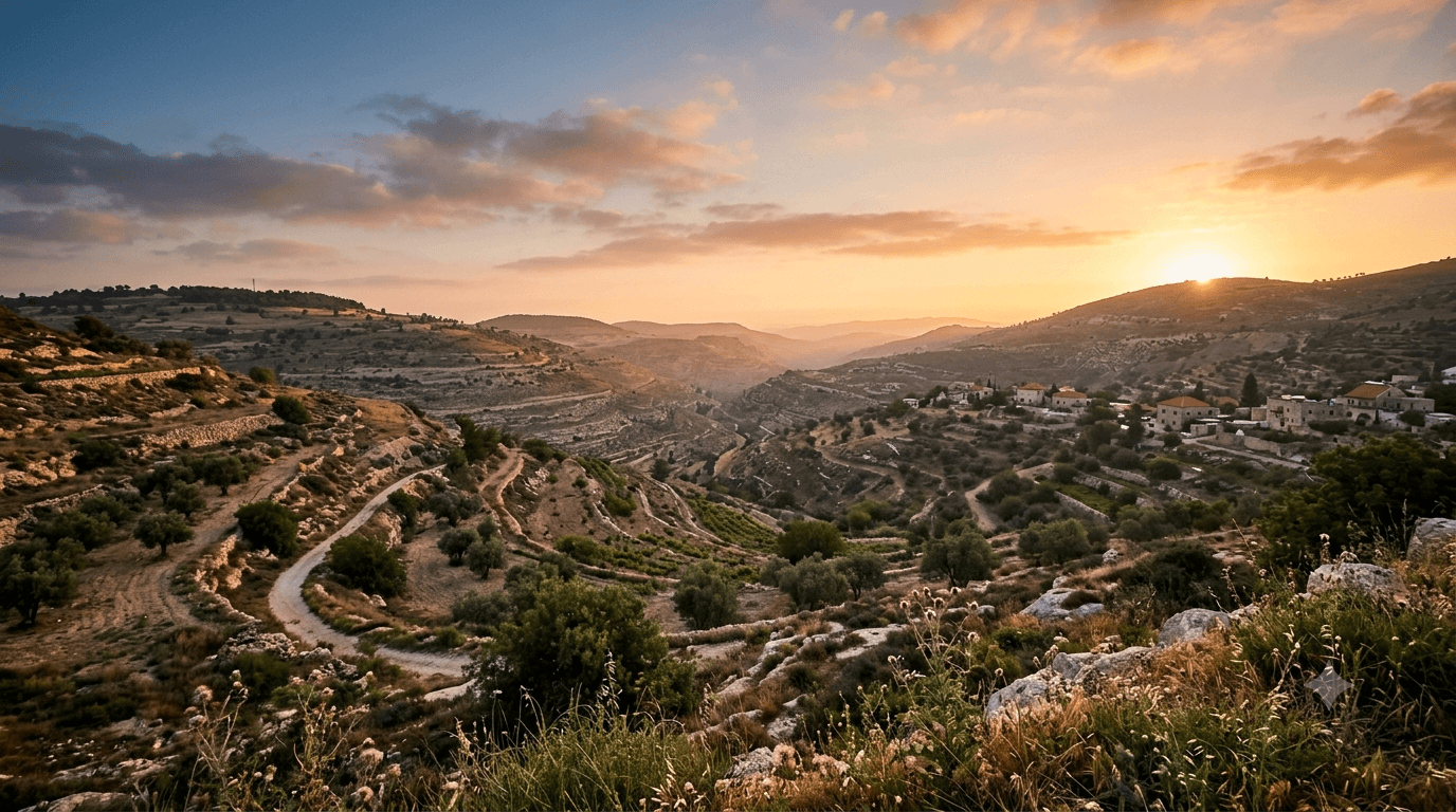 בתמונה זו נראה נוף הררי רחב ידיים עם טרסות חקלאיות מורכבות של מטעי זיתים וכרמים המשתרעות במדרונות תלולים המייצג שטח פתוח המתאים לבחינת קניית קרקע לא מופשרת ברקע נראית עיירה קטנה עם בתי אבן עם גגות רעפים אדומים הממוקמת בתוך הנוף המפותל בשעת זריחה או שקיעה חמימה עם שמיים בגווני כתום וסגול קלים המתוארת בקובץ