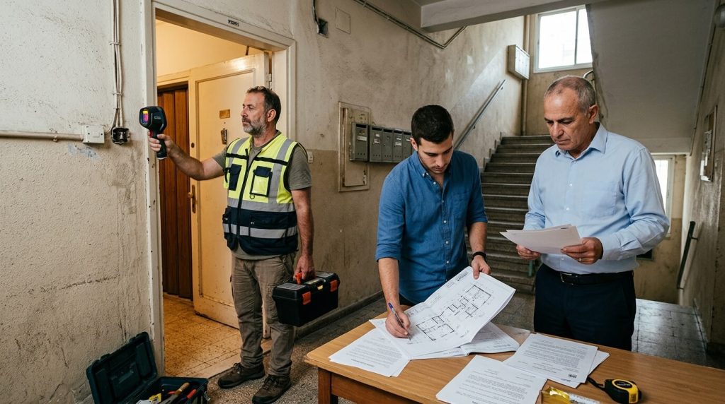 בודק בדק בית סורק את קיר הכניסה לדירה באמצעות מצלמה תרמית לצד שני גברים המעיינים בתוכניות אדריכליות ומסמכים משפטיים הממחישים מה לבדוק לפני קניית דירה יד שניה? בכניסה לבניין מגורים.