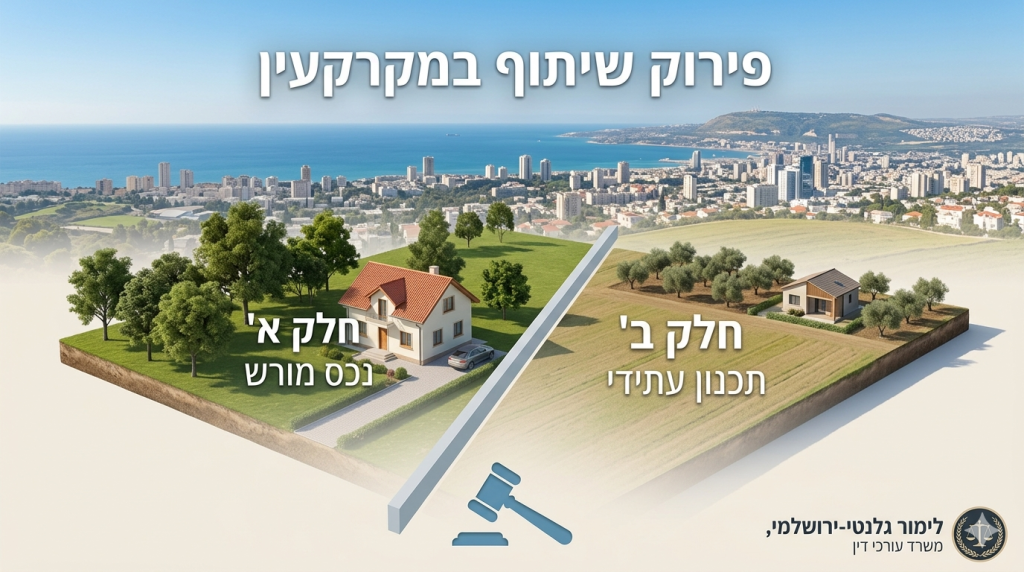 תמונת נושא של המאמר על עורך דין פירוק שיתוף במקרקעין המציגה את הנושא באמצעות המחשה ויזואלית של שטח אדמה המחולק לשניים על ידי קיר הפרדה אפור כאשר בצד אחד מופיע בית פרטי עם הכיתוב חלק א נכס מורש ובצד השני שטח חקלאי עם מבנה קטן והכיתוב חלק ב תכנון עתידי. ברקע התמונה נשקף נוף פנורמי רחב של עיר חוף ישראלית הנושקת לים תחת שמיים בהירים ובחלק העליון מופיעה הכותרת פירוק שיתוף במקרקעין בעוד שבתחתית מופיעים סמל של פטיש שופט ולוגו של משרד עורכי הדין לימור גלנטי ירושלמי.