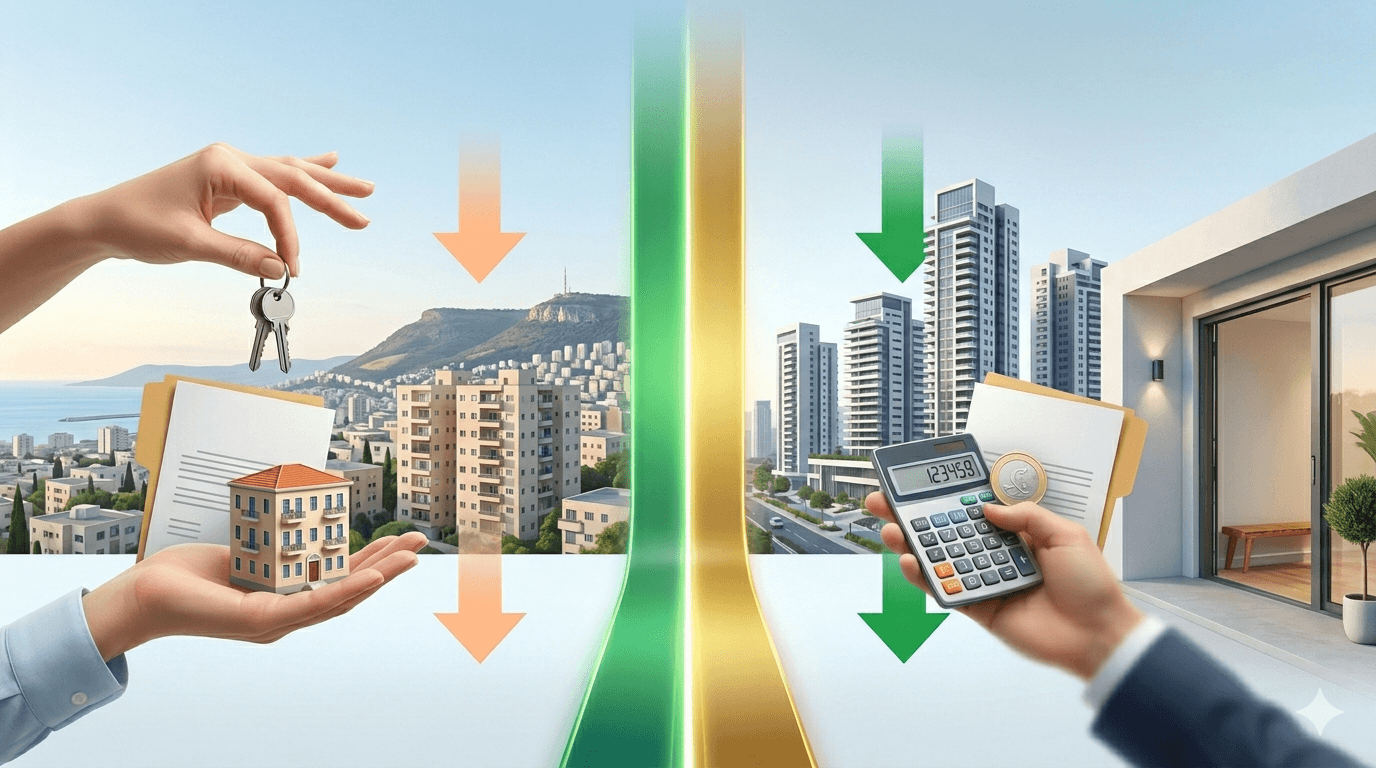 תמוננושא של המאמר על מס ירושה על דירה שניה המשלבת אלמנטים של נדלן ופיננסים המציגה מצד שמאל יד מחזיקה צרור מפתחות מעל יד אחרת הנושאת מודל של בית וטפסים על רקע נוף הררי וחוף ים ומצד ימין יד האוחזת במחשבון ובמטבע של שקל חדש על רקע בנייני מגורים מודרניים ומרפסת מעוצבת. במרכז התמונה עוברים פסים אנכיים בגווני ירוק וזהב וחיצים המופנים כלפי מטה המסמלים תהליכי ירידת מחירים או חיסכון כלכלי בעסקאות מקרקעין תחת שמיים בהירים.