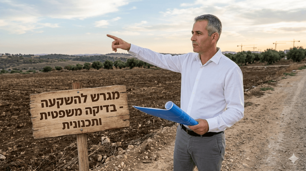 גבר בחולצה לבנה מכופתרת ומכנסיים אפורים עומד בשטח פתוח של אדמה חקלאית, אוחז בתוכניות בנייה מגולגלות ומצביע לעבר האופק. לידו מוצב שלט עץ שעליו כתוב בערבית "מגרש להשקעה - בדיקה משפטית ותכנונית". ברקע נראה נוף כפרי עם גבעות, עצים ומנופי בנייה מרוחקים תחת שמיים בהירים עם מעט עננים.