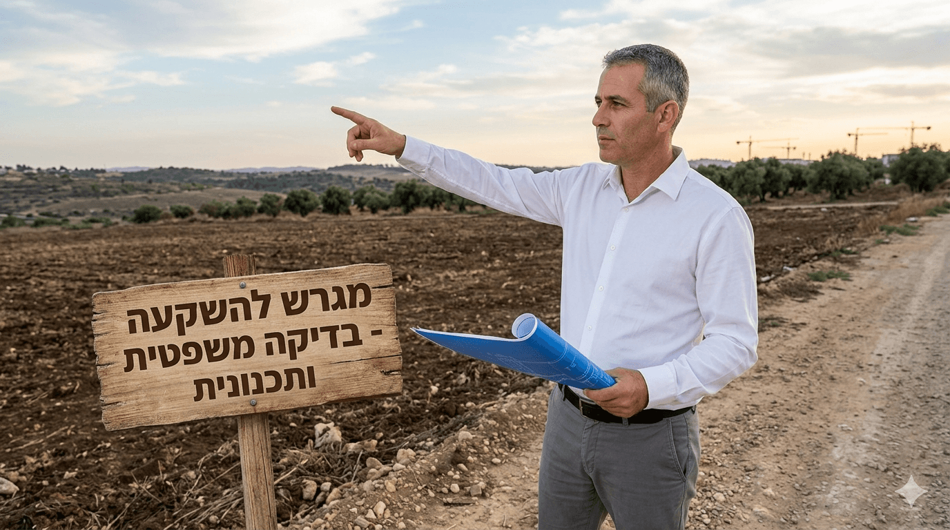 גבר בחולצה לבנה מכופתרת ומכנסיים אפורים עומד בשטח פתוח של אדמה חקלאית, אוחז בתוכניות בנייה מגולגלות ומצביע לעבר האופק. לידו מוצב שלט עץ שעליו כתוב בערבית "מגרש להשקעה - בדיקה משפטית ותכנונית". ברקע נראה נוף כפרי עם גבעות, עצים ומנופי בנייה מרוחקים תחת שמיים בהירים עם מעט עננים.