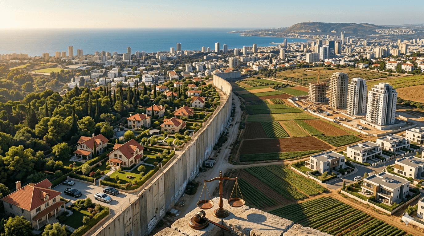 תמונת נושא של המאמר על עורך דין פירוק שיתוף המציגה תמונה פנורמית של שטח אדמה המחולק על ידי חומת בטון ארוכה המפרידה בין שכונת מגורים יוקרתית עם בתים פרטיים וגינות מטופחות לבין שטח חקלאי המכיל שדות מעובדים ובנייני מגורים רבי קומות בשלבי בנייה. בקדמת התמונה מונחים מאזני צדק ופטיש שופט מעץ על גבי חומת אבן המסמלים היבטים משפטיים של תכנון ובנייה או פירוק שיתוף ובאופק נשקף נוף אורבני נרחב של עיר חוף הנושקת לים הכחול תחת שמיים בהירים.