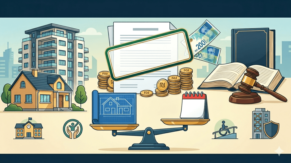 תמונת נושא של המאמר על פטור מהיטל השבחה המשלב אלמנטים מעולם הנדלן והמשפט ובו נראים בית פרטי ובניין מגורים מודרני לצד מסמכים משפטיים שטרות כסף של מאתיים שקלים וערימות מטבעות ובמרכז המערכת מוצבים מאזניים שעל כף אחת שלהם תוכנית אדריכלית כחולה ועל הכף השנייה לוח שנה כאשר ברקע מופיעים גם ספר חוקים פתוח ופטיש שופט לצד סמלים של מוסד חינוכי נגישות לנכים ומבנה מוגן.