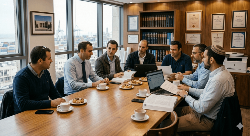 תמונת נושא של המאמר על עורך דין למכירת נכס המציגה שבעה גברים היושבים סביב שולחן ישיבות ארוך מעץ בחדר ישיבות משרדי בעל מראה מקצועי כאשר חלק מהנוכחים חובשים כיפות הם מנהלים דיון ומביטים זה בזה ועל השולחן מונחים מחשבים ניידים מסמכים פתוחים ספרים עטיפות של טלפונים ניידים כוסות קפה ומאפים בצלחות קטנות ברקע המשרד ישנו קיר עץ עם מדפי ספרים עמוסים ותעודות ממוסגרות תלויות לצד מדפסת ומאחורי היושבים משמאל נשקף חלון זכוכית גדול הצופה אל נוף עירוני ואזור תעשייתי או נמל