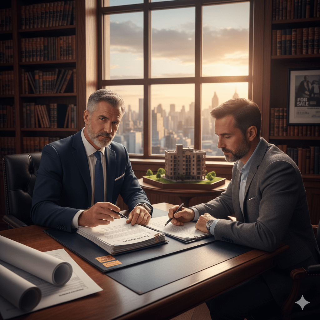 תמונת נושא של המאמר על עורך דין מכירת דירה המציגה שני עורכי דין יושבים ליד שולחן משרד מפואר עם ספרים וחלון המשקיף על קו רקיע של עיר אחד חותם על מסמך והשני מסתכל למצלמה