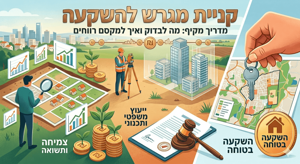 איור צבעוני ומפורט המציג מדריך לרכישת מגרש להשקעה, שבו נראה אדם הבוחן תוכנית מגרשים עם זכוכית מגדלת לצד גרפים של צמיחה, מודד מוסמך העובד בשטח פתוח, והדמיה של בנייני מגורים מודרניים. בחלק התחתון מוצגים חוזה חתום עם פטיש בית משפט תחת הכותרת ייעוץ משפטי ותכנוני, ערימות מטבעות שקלים עם שתילים צומחים תחת הכותרת צמיחה ותשואה, וביד ימין נראית יד המחזיקה מפתח מעל מפת מיקום ומטבע זהב עם הכיתוב השקעה בטוחה. בראש התמונה מופיע כיתוב גדול ובולט בעברית: קניית מגרש להשקעה - מדריך מקיף: מה לבדוק ואיך למקסם רווחים.