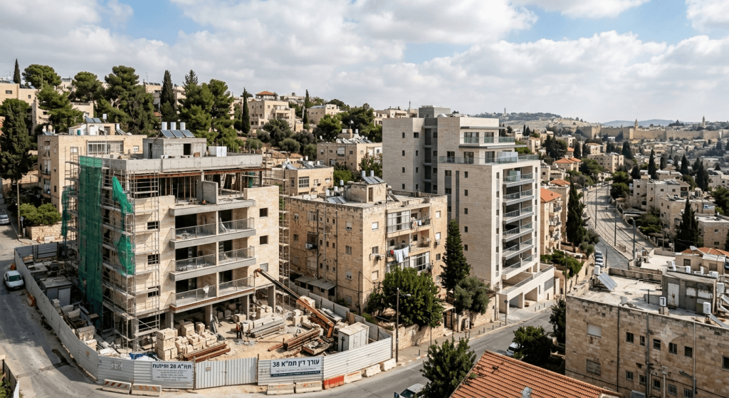 צילום אווירי המציג את תהליך ההתחדשות העירונית בחיבור בין בנייני אבן ירושלמית וותיקים לבנייה מודרנית חדשה כאשר בצד שמאל נראה אתר בנייה פעיל של פרויקט תמ"א 38 בירושלים המוקף בפיגומים וגדרות ובמרכז נראה בניין מגורים מודרני וגבוה יותר שכבר הושלם