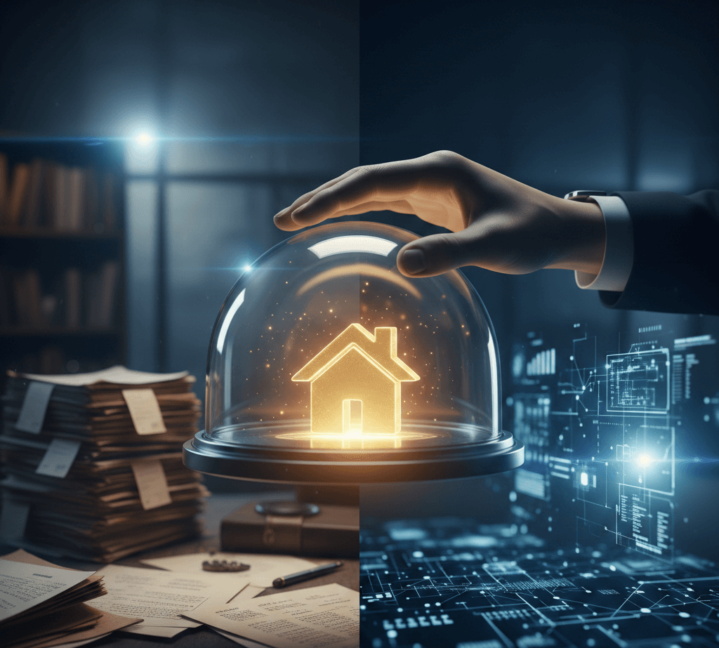 תמונת נושא של המאמר על עורך דין נדל"ן המציגה ניגוד בין בירוקרטיה מסורתית לטכנולוגיה מתקדמת סביב נושא הבית. בצד שמאל נראה שולחן עבודה עמוס בערימות ניירות ומסמכים משפטיים בחדר חשוך עם ספרייה ברקע. בצד ימין מוצג ממשק דיגיטלי עתידני עם לוחות נתונים וגרפים זוהרים. במרכז התמונה יד של אדם בחליפה מונחת על פעמון זכוכית שקוף שבתוכו מאיר סמל מוזהב של בית, מה שמסמל הגנה על הנכס וביטחון בתהליך המעבר בין העולם הנייר הישן למערכות הדיגיטליות החדשות.