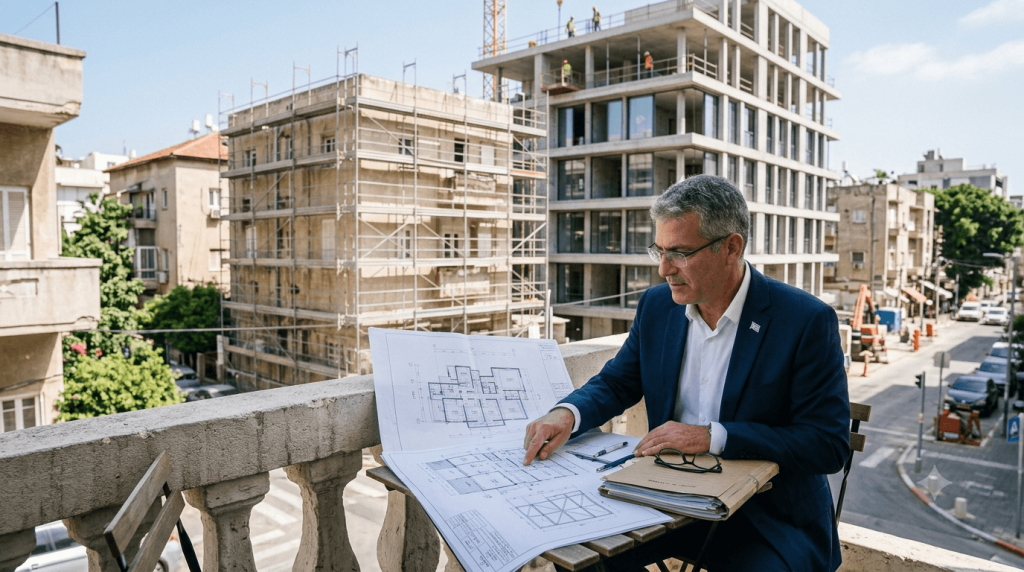 עורך דין תמ"א 38 בחליפה כחולה מעלן עם משקפיים יושב ליד שולחן קטן ומעיין בערימת תוכניות בנייה גדולות כאשר מאחוריו נראה אתר בנייה פעיל עם מנופים ופועלים על בניין מגורים מודרני הנמצא בעיצומם של עבודות התחדשות עירונית וחיזוק מבנים ברחוב תל אביבי טיפוסי עם צמחייה רבה