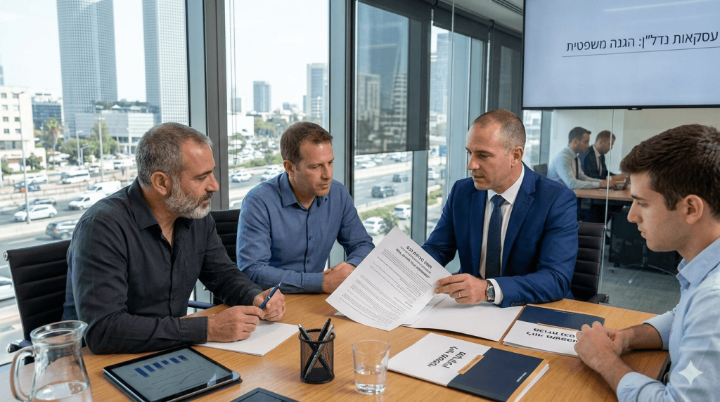 תמונת נושא של המאמר על עורך דין למכירת נכס המציגה ארבעה גברים בפגישת עסקים סביב שולחן ישיבות מעץ במשרד מודרני עם חלונות גדולים המשקיפים לנוף עירוני של גורדי שחקים וכביש מהיר. הגבר המבוגר מימין לובש חליפה כחולה וענבה ומחזיק מסמך כתוב בעברית, בעוד שאר הגברים לובשים חולצות מכופתרות ומקשיבים לו בריכוז. על השולחן מונחים מסמכים נוספים בעברית, כלי כתיבה, כוס מים, קנקן וטאבלט המציג גרפים, וברקע מותקן מסך טלוויזיה גדול שעליו מופיע הכיתוב עסקאות נדלן הגנה משפטית.