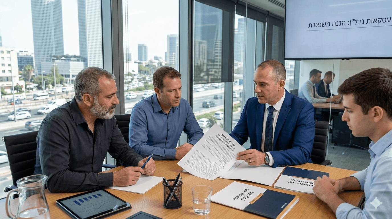 תמונת נושא של המאמר על עורך דין למכירת נכס המציגה ארבעה גברים בפגישת עסקים סביב שולחן ישיבות מעץ במשרד מודרני עם חלונות גדולים המשקיפים לנוף עירוני של גורדי שחקים וכביש מהיר. הגבר המבוגר מימין לובש חליפה כחולה וענבה ומחזיק מסמך כתוב בעברית, בעוד שאר הגברים לובשים חולצות מכופתרות ומקשיבים לו בריכוז. על השולחן מונחים מסמכים נוספים בעברית, כלי כתיבה, כוס מים, קנקן וטאבלט המציג גרפים, וברקע מותקן מסך טלוויזיה גדול שעליו מופיע הכיתוב עסקאות נדלן הגנה משפטית.