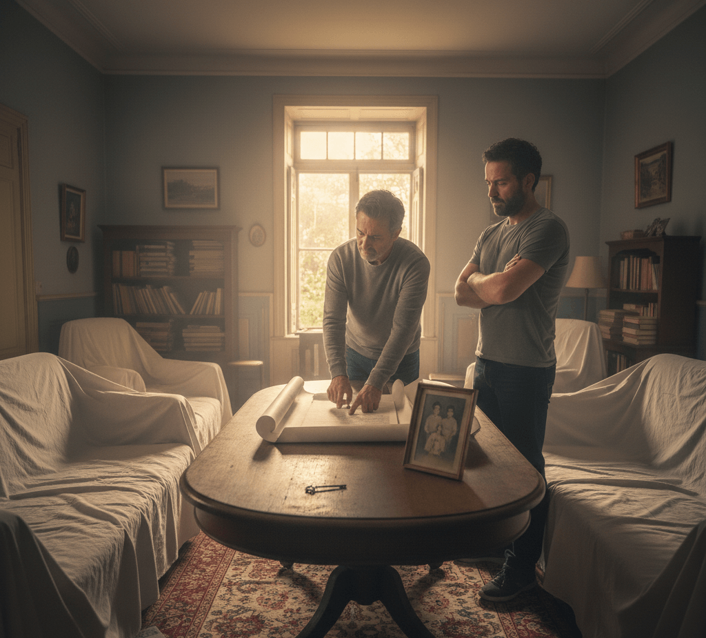 תמונת נושא של פירוק שיתוף בירושה המציגה שני גברים עומדים בחדר מגורים מיושן המואר באור רך הנכנס מהחלון. גבר מבוגר רוכן מעל שולחן עץ עגול ובוחן מסמך מגולגל, בעוד גבר צעיר יותר עומד לצידו בזרועות שלובות ומביט בריכוז. הרהיטים בחדר מכוסים בסדינים לבנים, ועל השולחן מונחים מפתח ישן ותמונה ממוסגרת בשחור לבן. האווירה בחדר נוסטלגית ורצינית.