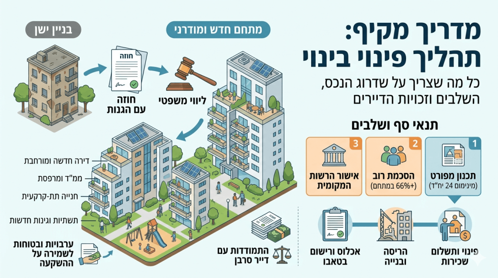 אינפוגרפיקה תחת הכותרת "מדריך מקיף: תהליך פינוי בינוי". התמונה מציגה את שלבי המעבר מבניין ישן ומוזנח למתחם מגורים חדש ומודרני, כולל תנאי סף כמו תכנון מפורט, הסכמת דיירים ואישור הרשות המקומית.