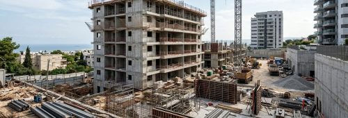 צילום אווירי רחב של אתר בנייה פעיל ובו שלד של בניין מגורים בבנייה, מנופים וחומרי בניין מסביב, המשמש להמחשת סיכונים והיבטים משפטיים סביב רכישת דירה מקבלן ללא היתר בניה.