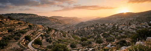 בתמונה זו נראה נוף הררי רחב ידיים עם טרסות חקלאיות מורכבות של מטעי זיתים וכרמים המשתרעות במדרונות תלולים המייצג שטח פתוח המתאים לבחינת קניית קרקע לא מופשרת ברקע נראית עיירה קטנה עם בתי אבן עם גגות רעפים אדומים הממוקמת בתוך הנוף המפותל בשעת זריחה או שקיעה חמימה עם שמיים בגווני כתום וסגול קלים המתוארת בקובץ