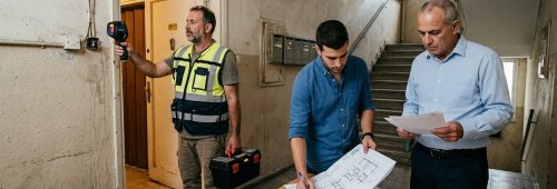 בודק בדק בית סורק את קיר הכניסה לדירה באמצעות מצלמה תרמית לצד שני גברים המעיינים בתוכניות אדריכליות ומסמכים משפטיים הממחישים מה לבדוק לפני קניית דירה יד שניה? בכניסה לבניין מגורים.