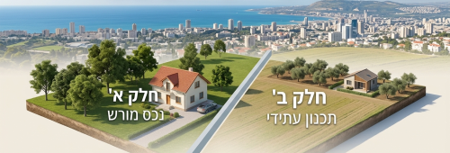 תמונת נושא של המאמר על עורך דין פירוק שיתוף במקרקעין המציגה את הנושא באמצעות המחשה ויזואלית של שטח אדמה המחולק לשניים על ידי קיר הפרדה אפור כאשר בצד אחד מופיע בית פרטי עם הכיתוב חלק א נכס מורש ובצד השני שטח חקלאי עם מבנה קטן והכיתוב חלק ב תכנון עתידי. ברקע התמונה נשקף נוף פנורמי רחב של עיר חוף ישראלית הנושקת לים תחת שמיים בהירים ובחלק העליון מופיעה הכותרת פירוק שיתוף במקרקעין בעוד שבתחתית מופיעים סמל של פטיש שופט ולוגו של משרד עורכי הדין לימור גלנטי ירושלמי.