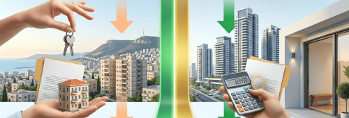 תמוננושא של המאמר על מס ירושה על דירה שניה המשלבת אלמנטים של נדלן ופיננסים המציגה מצד שמאל יד מחזיקה צרור מפתחות מעל יד אחרת הנושאת מודל של בית וטפסים על רקע נוף הררי וחוף ים ומצד ימין יד האוחזת במחשבון ובמטבע של שקל חדש על רקע בנייני מגורים מודרניים ומרפסת מעוצבת. במרכז התמונה עוברים פסים אנכיים בגווני ירוק וזהב וחיצים המופנים כלפי מטה המסמלים תהליכי ירידת מחירים או חיסכון כלכלי בעסקאות מקרקעין תחת שמיים בהירים.