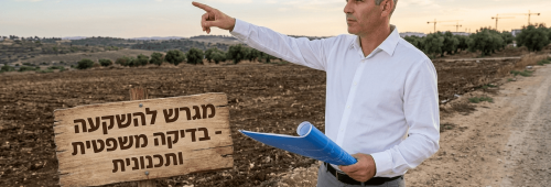 גבר בחולצה לבנה מכופתרת ומכנסיים אפורים עומד בשטח פתוח של אדמה חקלאית, אוחז בתוכניות בנייה מגולגלות ומצביע לעבר האופק. לידו מוצב שלט עץ שעליו כתוב בערבית "מגרש להשקעה - בדיקה משפטית ותכנונית". ברקע נראה נוף כפרי עם גבעות, עצים ומנופי בנייה מרוחקים תחת שמיים בהירים עם מעט עננים.