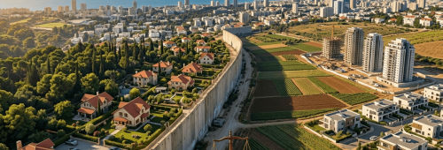 תמונת נושא של המאמר על עורך דין פירוק שיתוף המציגה תמונה פנורמית של שטח אדמה המחולק על ידי חומת בטון ארוכה המפרידה בין שכונת מגורים יוקרתית עם בתים פרטיים וגינות מטופחות לבין שטח חקלאי המכיל שדות מעובדים ובנייני מגורים רבי קומות בשלבי בנייה. בקדמת התמונה מונחים מאזני צדק ופטיש שופט מעץ על גבי חומת אבן המסמלים היבטים משפטיים של תכנון ובנייה או פירוק שיתוף ובאופק נשקף נוף אורבני נרחב של עיר חוף הנושקת לים הכחול תחת שמיים בהירים.