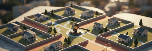 תמונת נושא של המאמר על חלוקה בעין של מקרקעין מציגה איור סוריאליסטי המציג שכונת מגורים קטנה הבנויה על גבי דפי ספר פתוח וגדול. הבתים בשכונה מופרדים על ידי חומות נמוכות המדגישות גבולות וחלוקת קרקע. במרכז השכונה מונח פטיש שופט (גבל) ולצידו מאזני צדק קטנים, המסמלים את הקשר בין חוק, משפט ונדלן. הרקע מטושטש ומציג נוף עירוני בשעת שקיעה.