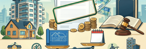 תמונת נושא של המאמר על פטור מהיטל השבחה המשלב אלמנטים מעולם הנדלן והמשפט ובו נראים בית פרטי ובניין מגורים מודרני לצד מסמכים משפטיים שטרות כסף של מאתיים שקלים וערימות מטבעות ובמרכז המערכת מוצבים מאזניים שעל כף אחת שלהם תוכנית אדריכלית כחולה ועל הכף השנייה לוח שנה כאשר ברקע מופיעים גם ספר חוקים פתוח ופטיש שופט לצד סמלים של מוסד חינוכי נגישות לנכים ומבנה מוגן.