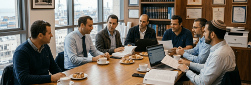 תמונת נושא של המאמר על עורך דין למכירת נכס המציגה שבעה גברים היושבים סביב שולחן ישיבות ארוך מעץ בחדר ישיבות משרדי בעל מראה מקצועי כאשר חלק מהנוכחים חובשים כיפות הם מנהלים דיון ומביטים זה בזה ועל השולחן מונחים מחשבים ניידים מסמכים פתוחים ספרים עטיפות של טלפונים ניידים כוסות קפה ומאפים בצלחות קטנות ברקע המשרד ישנו קיר עץ עם מדפי ספרים עמוסים ותעודות ממוסגרות תלויות לצד מדפסת ומאחורי היושבים משמאל נשקף חלון זכוכית גדול הצופה אל נוף עירוני ואזור תעשייתי או נמל
