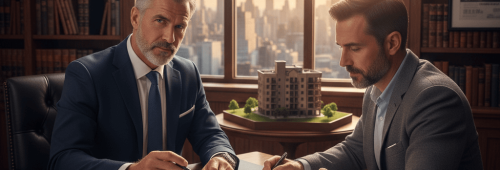 תמונת נושא של המאמר על עורך דין מכירת דירה המציגה שני עורכי דין יושבים ליד שולחן משרד מפואר עם ספרים וחלון המשקיף על קו רקיע של עיר אחד חותם על מסמך והשני מסתכל למצלמה