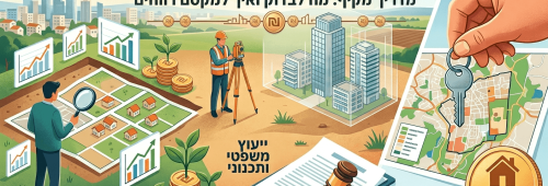 איור צבעוני ומפורט המציג מדריך לרכישת מגרש להשקעה, שבו נראה אדם הבוחן תוכנית מגרשים עם זכוכית מגדלת לצד גרפים של צמיחה, מודד מוסמך העובד בשטח פתוח, והדמיה של בנייני מגורים מודרניים. בחלק התחתון מוצגים חוזה חתום עם פטיש בית משפט תחת הכותרת ייעוץ משפטי ותכנוני, ערימות מטבעות שקלים עם שתילים צומחים תחת הכותרת צמיחה ותשואה, וביד ימין נראית יד המחזיקה מפתח מעל מפת מיקום ומטבע זהב עם הכיתוב השקעה בטוחה. בראש התמונה מופיע כיתוב גדול ובולט בעברית: קניית מגרש להשקעה - מדריך מקיף: מה לבדוק ואיך למקסם רווחים.