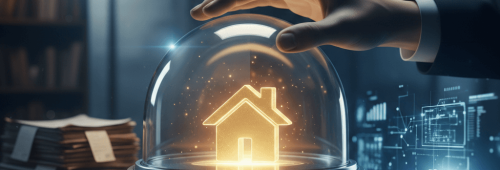 תמונת נושא של המאמר על עורך דין נדל"ן המציגה ניגוד בין בירוקרטיה מסורתית לטכנולוגיה מתקדמת סביב נושא הבית. בצד שמאל נראה שולחן עבודה עמוס בערימות ניירות ומסמכים משפטיים בחדר חשוך עם ספרייה ברקע. בצד ימין מוצג ממשק דיגיטלי עתידני עם לוחות נתונים וגרפים זוהרים. במרכז התמונה יד של אדם בחליפה מונחת על פעמון זכוכית שקוף שבתוכו מאיר סמל מוזהב של בית, מה שמסמל הגנה על הנכס וביטחון בתהליך המעבר בין העולם הנייר הישן למערכות הדיגיטליות החדשות.