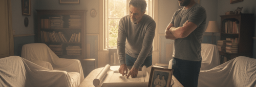 תמונת נושא של פירוק שיתוף בירושה המציגה שני גברים עומדים בחדר מגורים מיושן המואר באור רך הנכנס מהחלון. גבר מבוגר רוכן מעל שולחן עץ עגול ובוחן מסמך מגולגל, בעוד גבר צעיר יותר עומד לצידו בזרועות שלובות ומביט בריכוז. הרהיטים בחדר מכוסים בסדינים לבנים, ועל השולחן מונחים מפתח ישן ותמונה ממוסגרת בשחור לבן. האווירה בחדר נוסטלגית ורצינית.