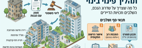 אינפוגרפיקה תחת הכותרת "מדריך מקיף: תהליך פינוי בינוי". התמונה מציגה את שלבי המעבר מבניין ישן ומוזנח למתחם מגורים חדש ומודרני, כולל תנאי סף כמו תכנון מפורט, הסכמת דיירים ואישור הרשות המקומית.