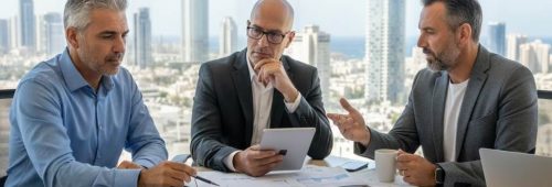 תמונת נושא של המאמר על מס יסף על מכירת דירה המציגה שלושה אנשי עסקים מבוגרים יושבים סביב שולחן ישיבות מודרני מול חלון גדול המשקיף על קו רקיע של עיר ובוחנים גרפים דיגיטליים ומודל בניין