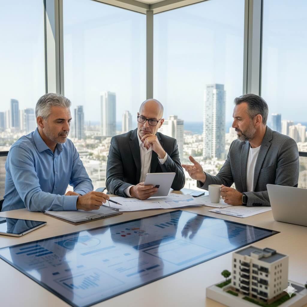 תמונת נושא של המאמר על מס יסף על מכירת דירה המציגה שלושה אנשי עסקים מבוגרים יושבים סביב שולחן ישיבות מודרני מול חלון גדול המשקיף על קו רקיע של עיר ובוחנים גרפים דיגיטליים ומודל בניין